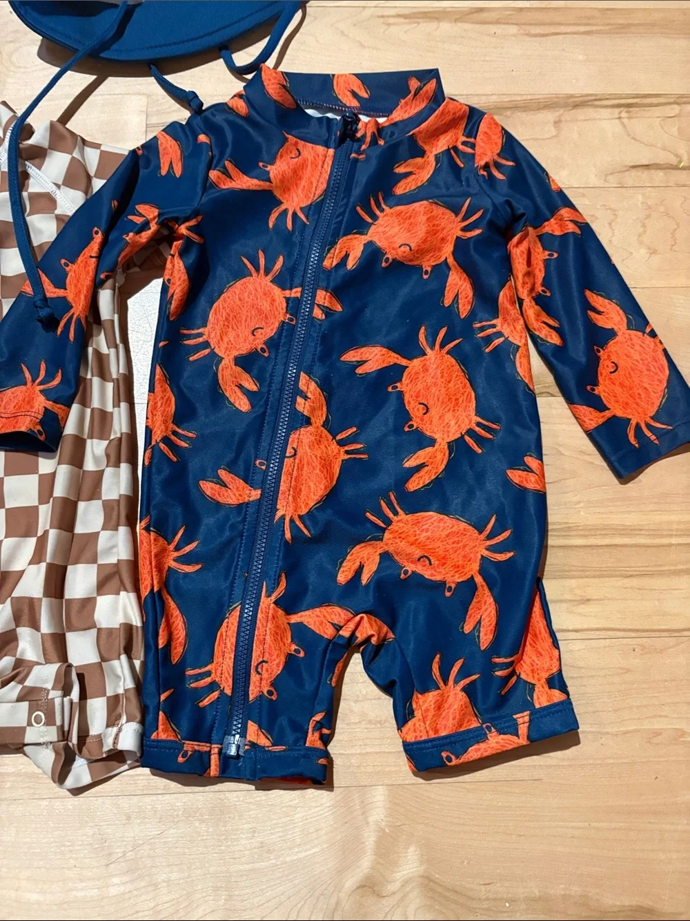 Crab Print Navy & Orange Zippered Rash Guard Romper 12-18 months